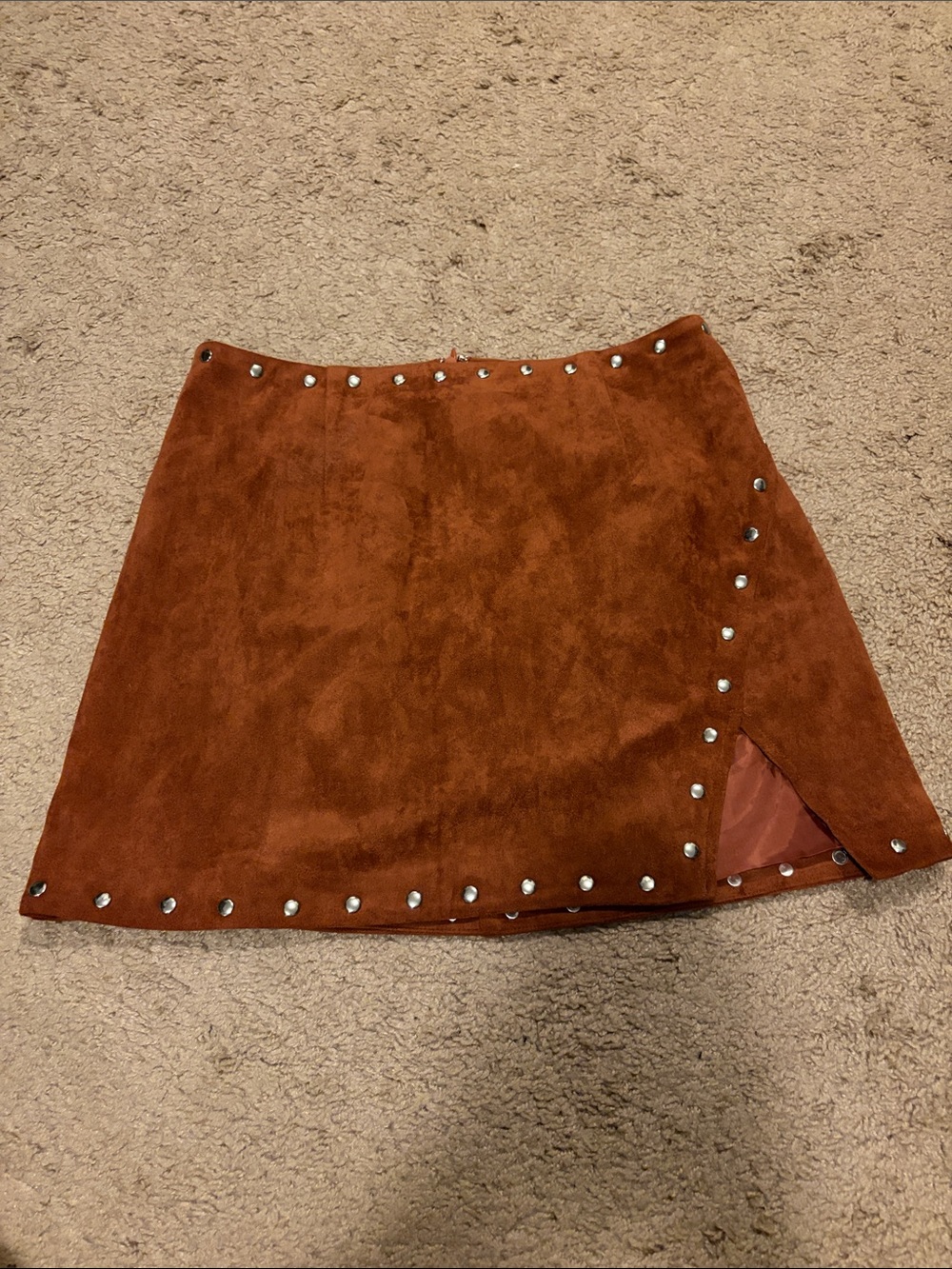 Lulu's Rust Brown Faux Suede Studded Mini Skirt
